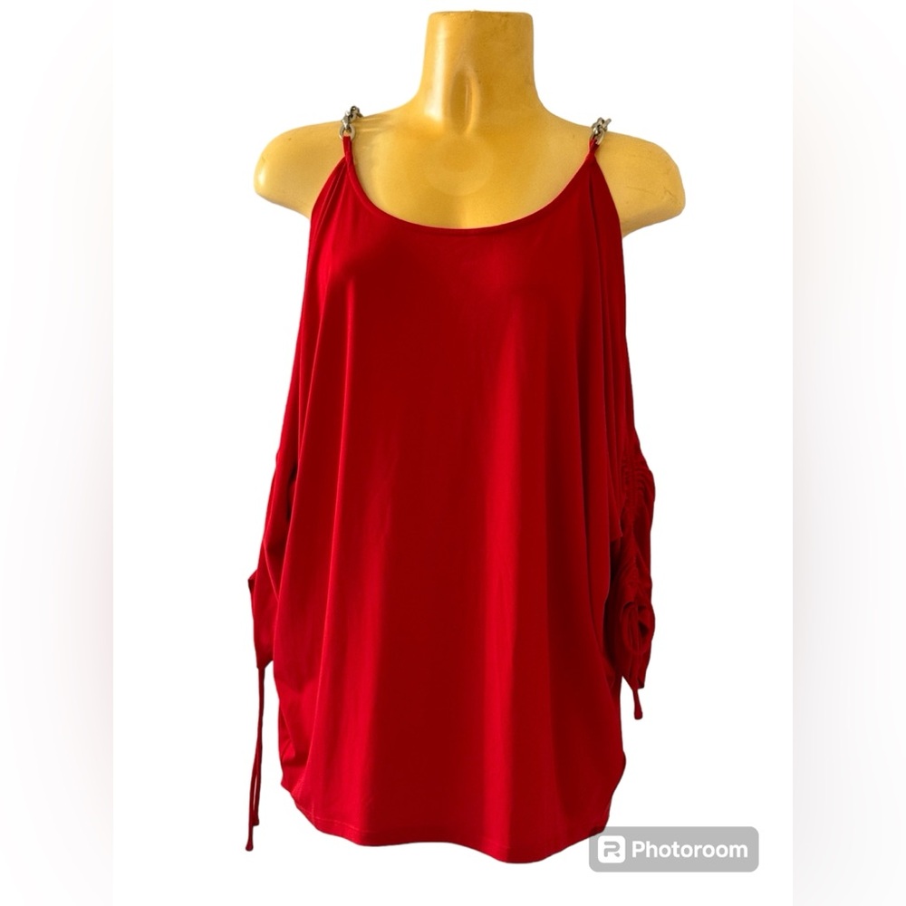 **Michael Kors** Red Top with Silver Chain Accent Split Sleeve Casual or Dressy